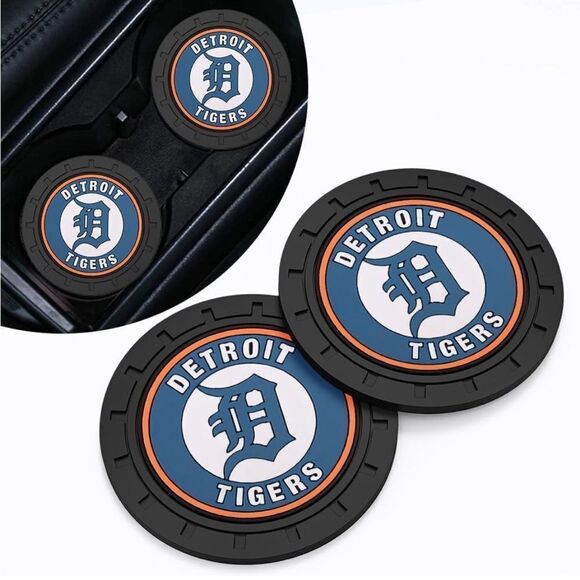 MLB Detroit Tigers car cup Coasters in black Set of 2 NWT - Picture 1 of 7